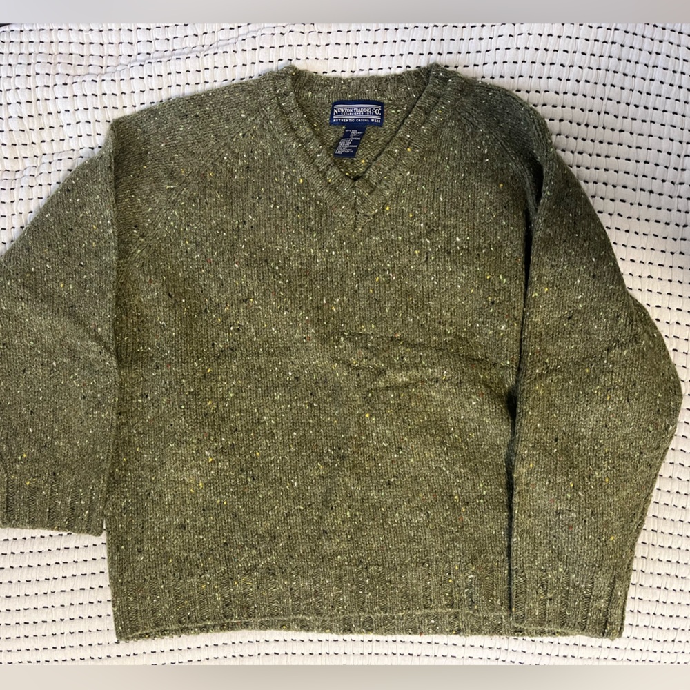 Olive Green Wool Speckled V-Neck Knit Jumper